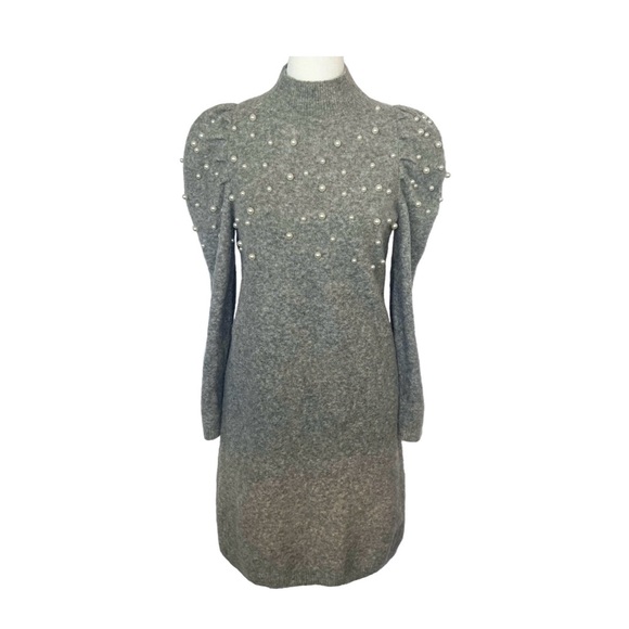 NWOT Ann Taylor Pearlized Mockneck Sweater Dress | Petite Pebble Grey Wool Knit - Picture 3 of 9